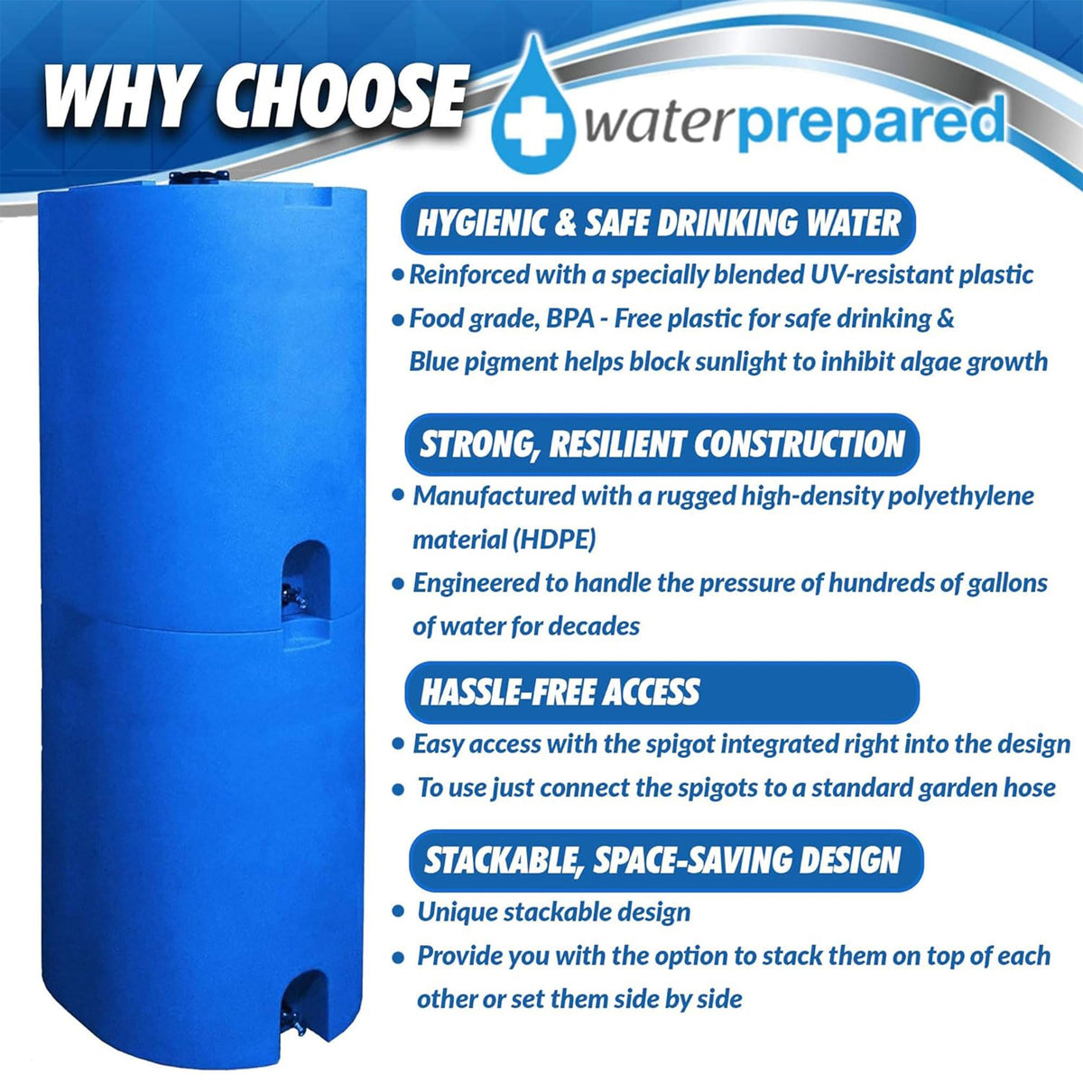WaterPrepared 4 Pack Water Tank, Rain Barrel Storage, Stackable Drum, 55 Gallon