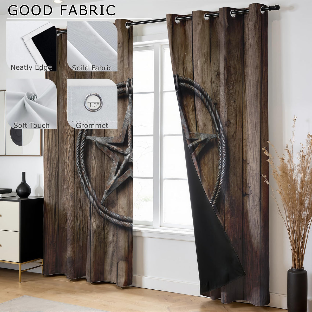 Solvivae Rustic Barn Door Curtains 54 Inch Length, Texas Star Blackout Curtains for Bedroom Living Room, Room Darkening Thermal Insulated Grommet Drapes, Western Window Curtain