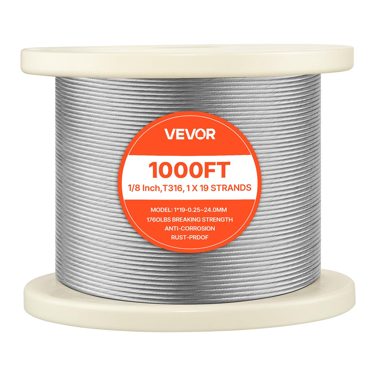 VEVOR 1/8 Inch Wire Rope, 1000 ft Length, 316 Stainless Steel Wire Cable with Cutter, 1760 lbs Breaking Strength, 1 x 19 Strands Construction, Steel Cable for Deck Railing System, Garden Trellis