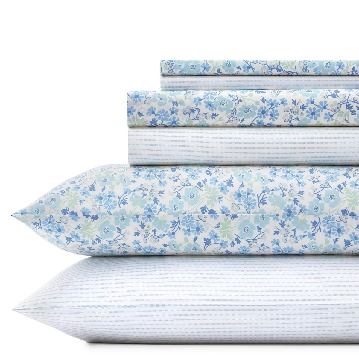 Laura Ashley - King Sheets, Cotton Percale 6-Piece Bedding Set, Crisp & Cool Home Decor (Jaynie Pastel Blue, King)