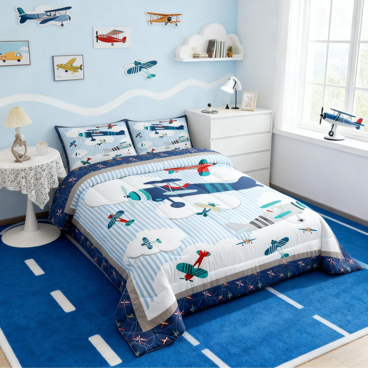Castle Fairy Kids Airplane Full Size Comforter Set Blue Sky and White Clouds Bedding Set for Kids Adults Teens Aviation Aircraft Comforter Luxury Modern Airplane Quilt Set Room Decor 3Pcs