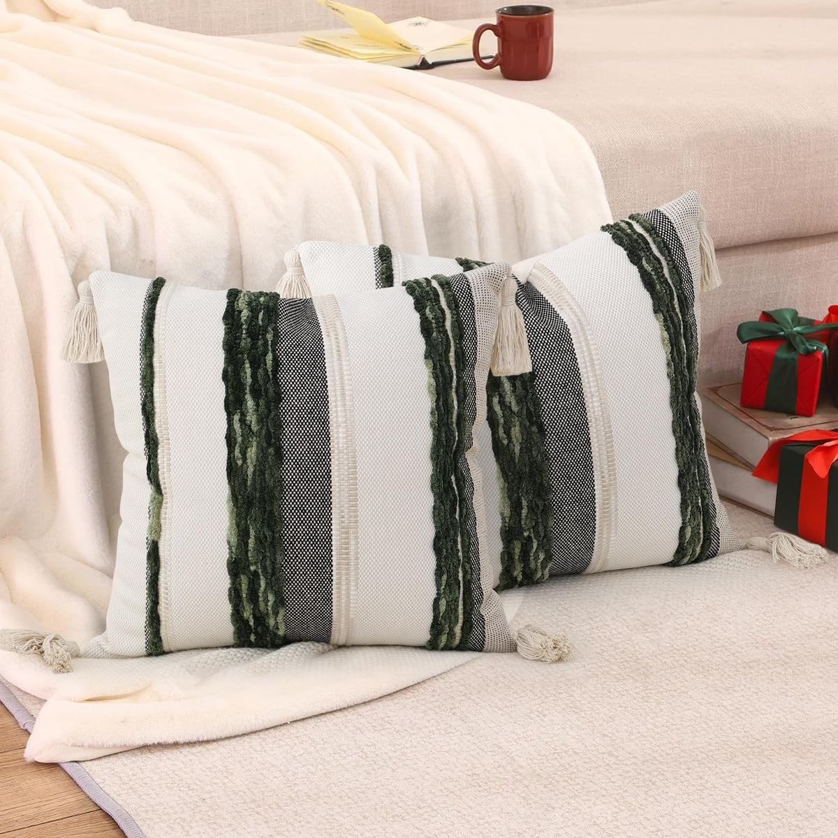 Simmore Boho Decorative Throw Pillow Covers 18x18 Set of 2, Tufted Farmhouse Pillow Covers with Tassels for Cozy Bohemian Couch Sofa Bedroom Home Decor, Green