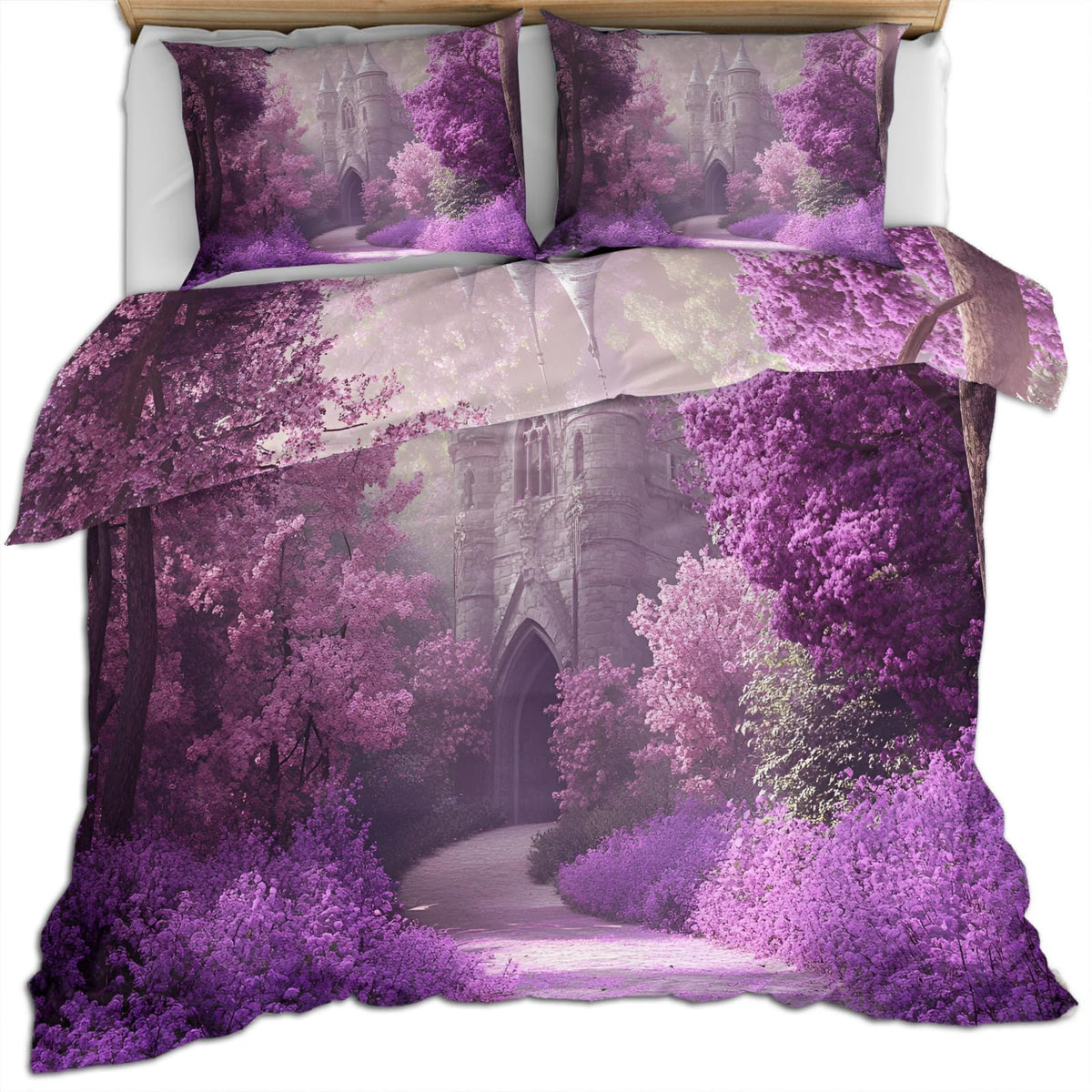 PAISUOQ Girl Duvet Cover, Fantasy Castle Bedding & Duvet Cover King, Mysterious Purple Comforter Set with Zipper, 3 Pieces with 2 Pillowcases, Bedroom Decor & Gifts