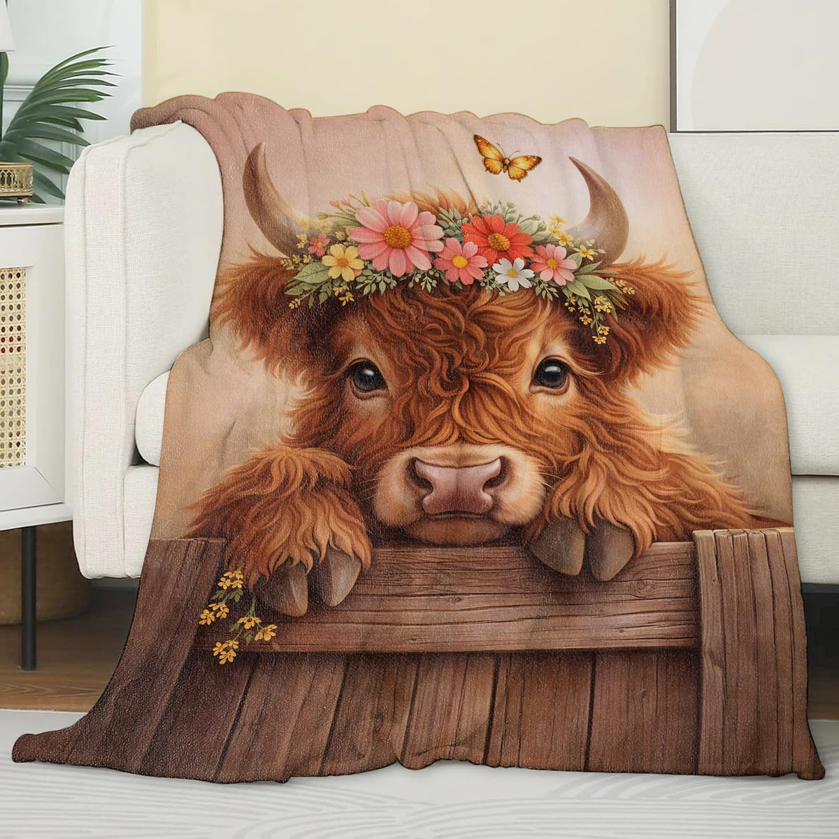 Zeleda Floral Highland Cow Flannel Blanket, Soft Cozy Throw with Flower and Farm Animal, Cute Home Bedroom Decor and Gifts for Women Girls Teens, Lightweight Blankets for All Seasons, 50x60 Inch