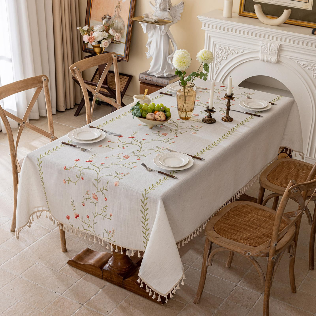 Joyfol Day Linen Spring Flowers Tablecloth with Tassels, Rustic Farmhouse Embroidery Waterproof Table Cloths for Square Tables, Heavy Weight Spill-Proof Table Covers, Pink Florals, 55''x 55''