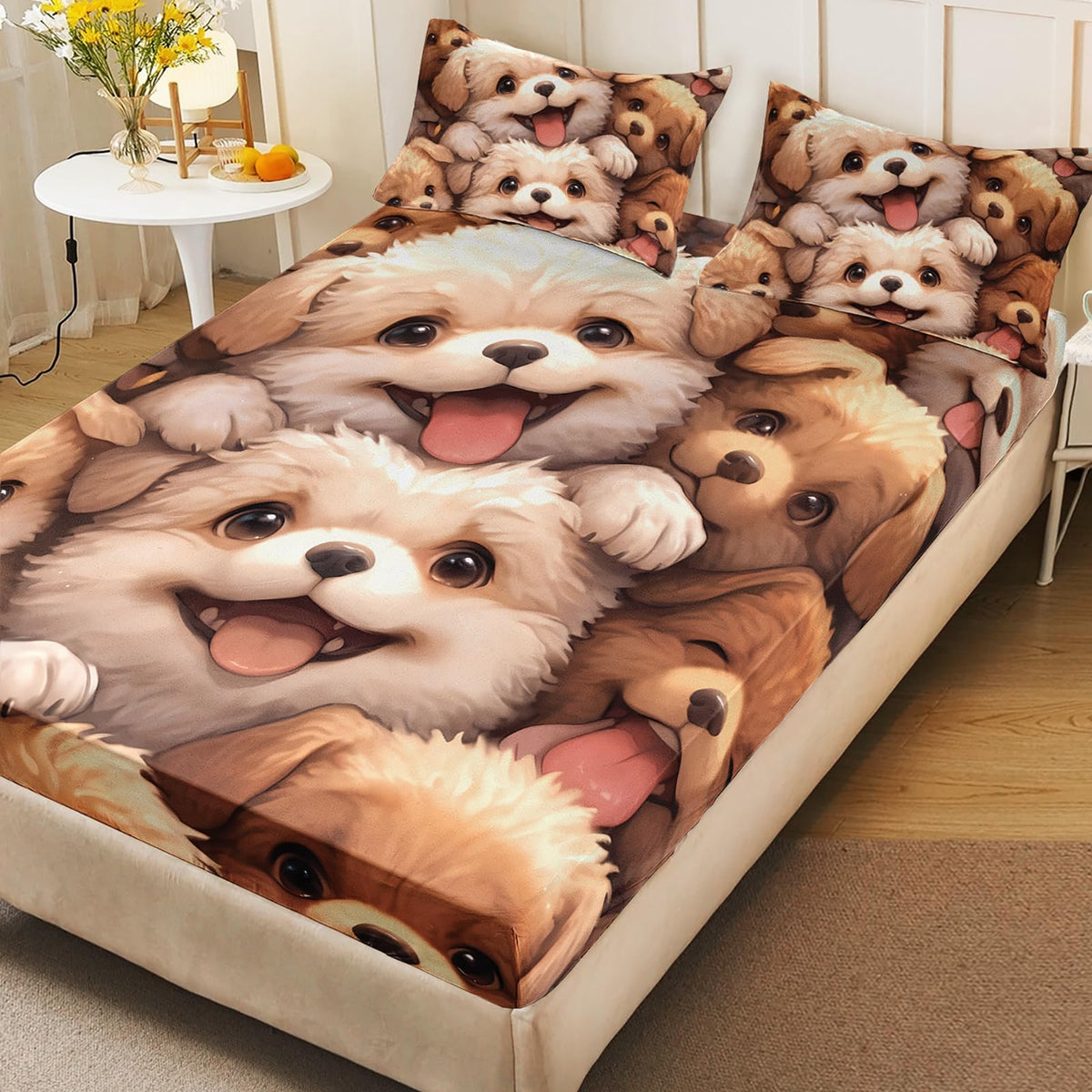 AILONEN Cartoon Cute Puppy Fitted Sheet Set,Dog Animal Design Bedding Set for Kids,Girls,Boys Twin Size,3-Piece,1 Sheet Set + 2 Pillowcases