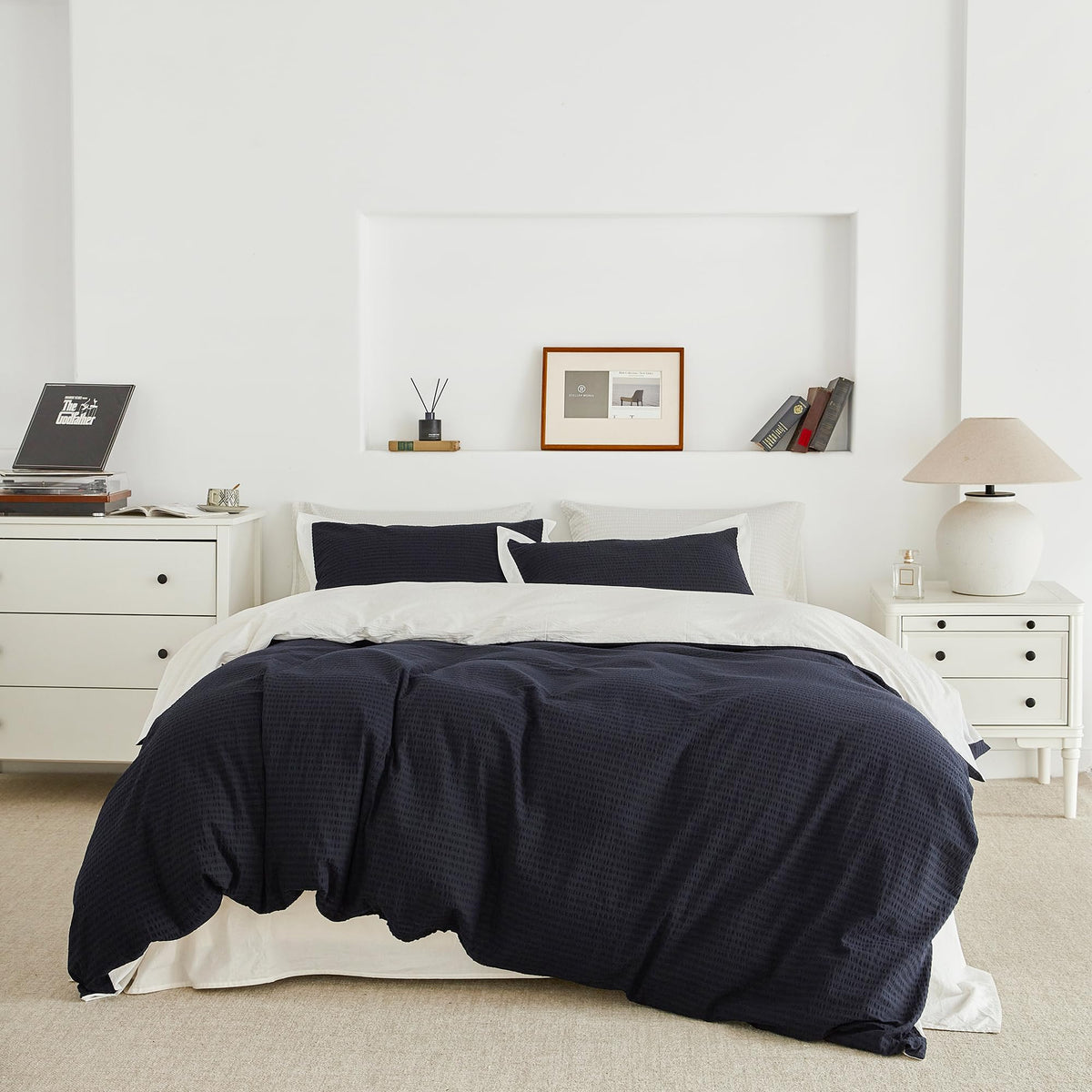 SUSYBAO Navy Seersucker Duvet Cover Queen 100% Cotton 3 Pcs Set 1 Navy Blue Textured Duvet Cover with Zipper Ties 2 Pillow Shams Washed Cotton Dark Blue White Dual Color Bedding Set Soft