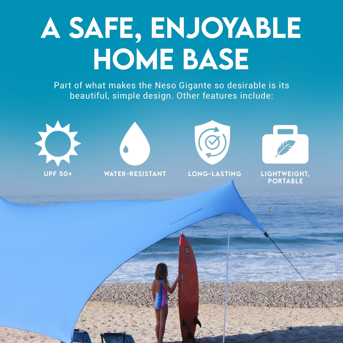 Neso Gigante Portable Beach Tent Sun Shelter - Lightweight Beach Shade Canopy - Easy Setup for Family Outings - Patented Reinforced Corners - UPF 50+ - 8ft Tall, 11 x 11ft - Periwinkle Blue