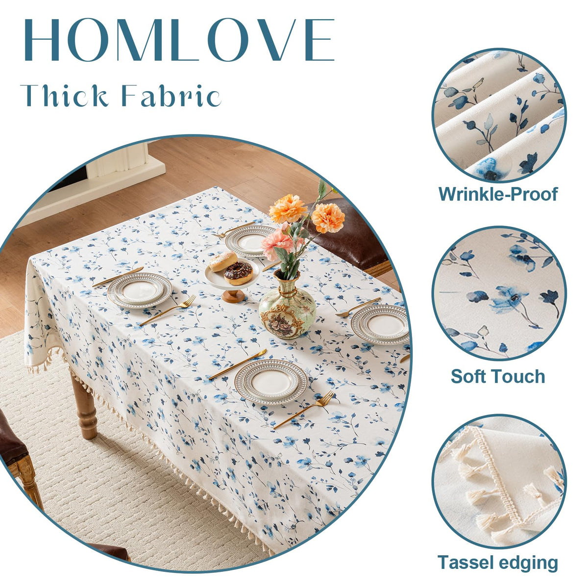 HOMLOVE Tablecloth Pastoral Style, Waterproof & Stain Resistant Table Cloth Wrinkle Free Table Cover for Dining/Kitchen/Patio, Washable Indoor & Outdoor Use (Blue Flower, Round 55"x55")