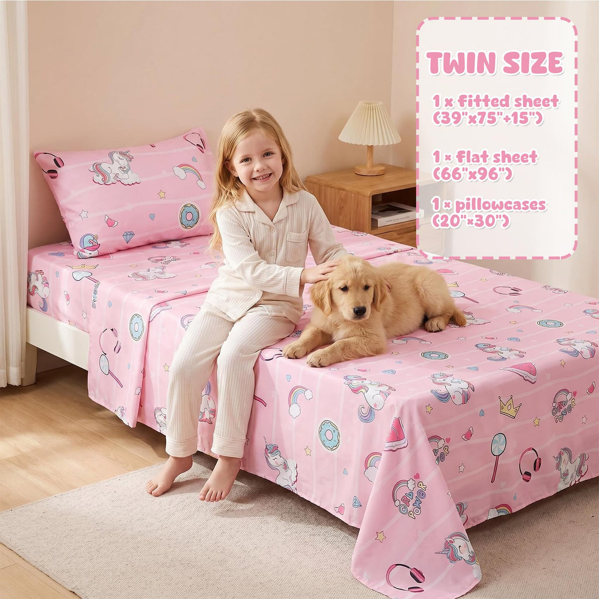 Ocharo Unicorn Twin Sheets Set Kids - 3 Pcs Girls Rainbow Printed Microfiber Bed Sheets,Pink Cartoon Style Deep Pocket Fitted Sheets,Soft Cute Sheets for Bedroom Room