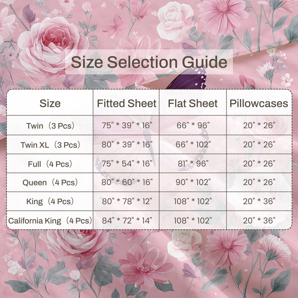 Pink Rose Bedding Set 4 Pcs Girls Butterfly Queen Sheets