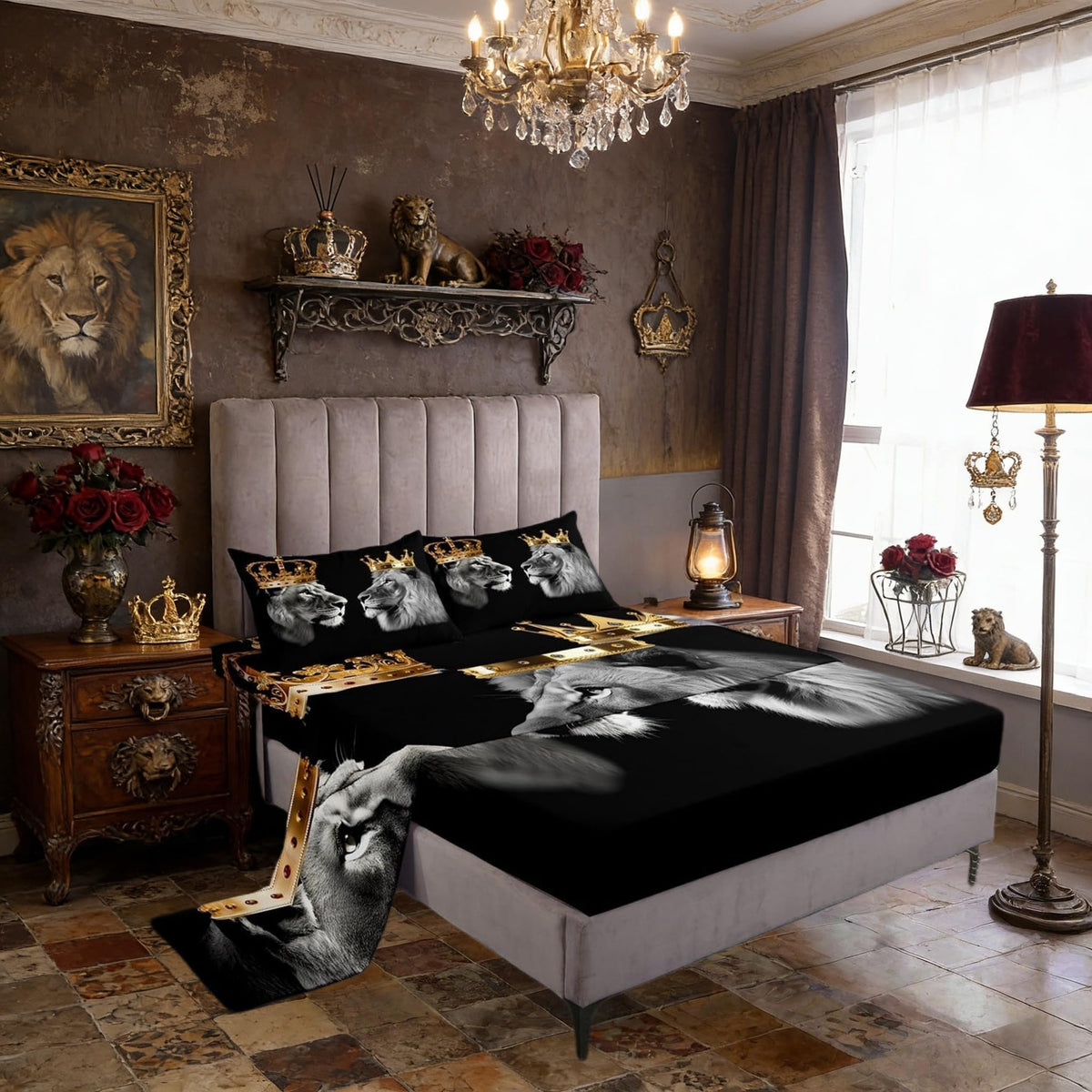 Wild Lion Couple Bed Sheet Set Twin Size,Gold King and Queen Crown,Bedding Decor Set with 1 Flat & 1 Fitted SheetTropical African Animal with 1 Pillow Sham for Kids Boys Bedroom Decor