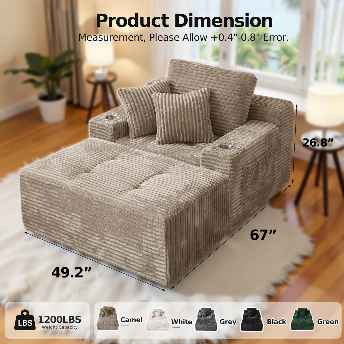 CHORRO 66" Chaise Lounge Chair Indoor,Oversized Boneless Single Sleeeper Couch Bed,Corduroy Cloud Sofa with 3 Soft Pillows for Livingroom,Bedroom,No Assembly,(Khaki)
