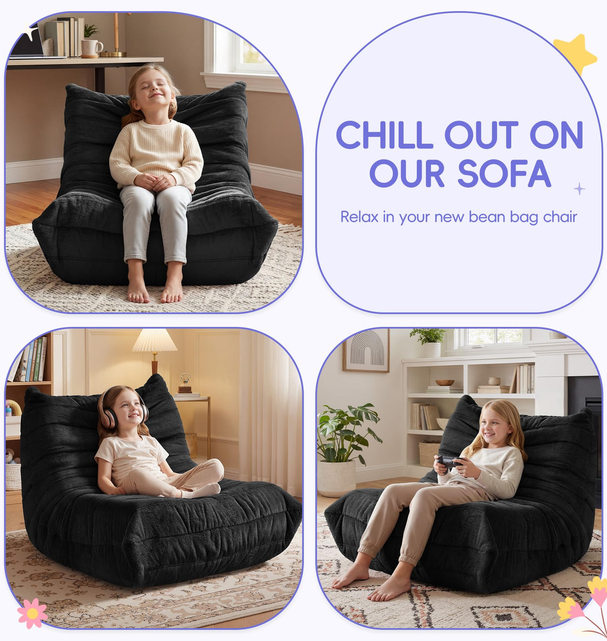 Hobestluk Bean Bag Chair for Kids Toddler Bean Bag Chair with Memory Foam Filler Beanbag with Spacious Design Bean Bag Couch for Reading Gaming Relaxing (Black, Small)