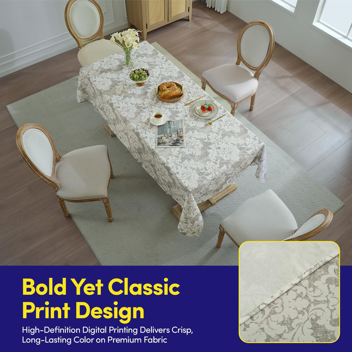 Rectangle Tablecloth 60" x 84" 100% Waterproof Fabric — Wipe-Clean, Tear-Proof Decorative Table Cover for Indoor & Outdoor Dining Elegant Patterns for Kitchens, Dining Rooms, Damask