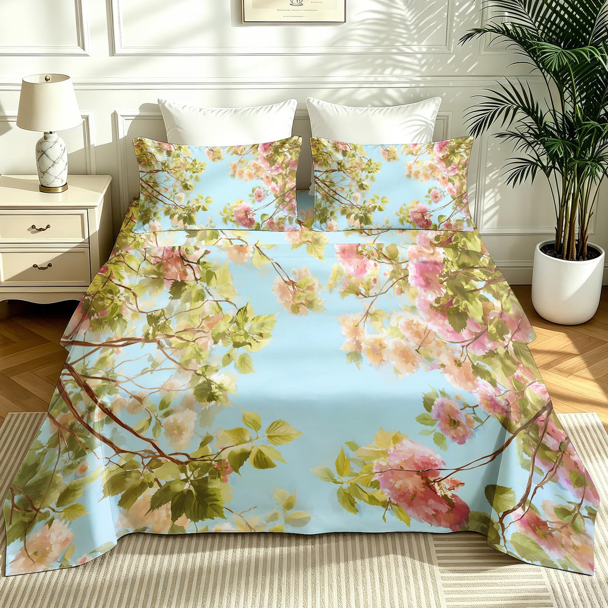 Spring Flower Bedding Set 4 Pcs Blue Sky Floral California King Sheets