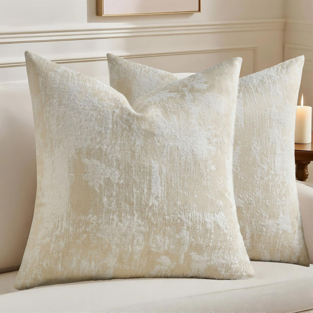HAUSSY Pack of 2 Lumbar Throw Pillow Covers 18x18 Inch,Faux Cashmere Jacquard Decorative Patten Furry Pillowcases Textured & Soft Cushion Covers for Couch Bed Room Home Decor,Beige White(Covers Only)