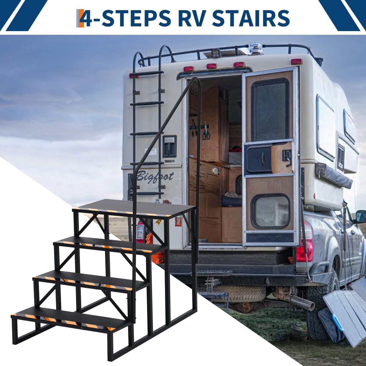 Garvee 4 Step RV Stairs with Handrail & Non-Skid Tapes, Portable Outdoor Step Ladder for 5th Wheel Trailers, Travel Campers, Mobile Homes, Hot Tubs, Porches