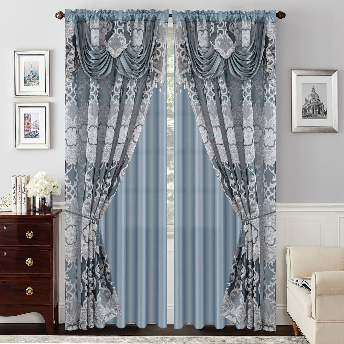 Petrichor Gray Sheer Jacquard Voile Curtains （54" W x 63" L）, 2 Panels with Attached Valance, Double Layer Floral Cutwork Design with Luxurious Texture, Rod Pocket, for Bedroom & Living Room