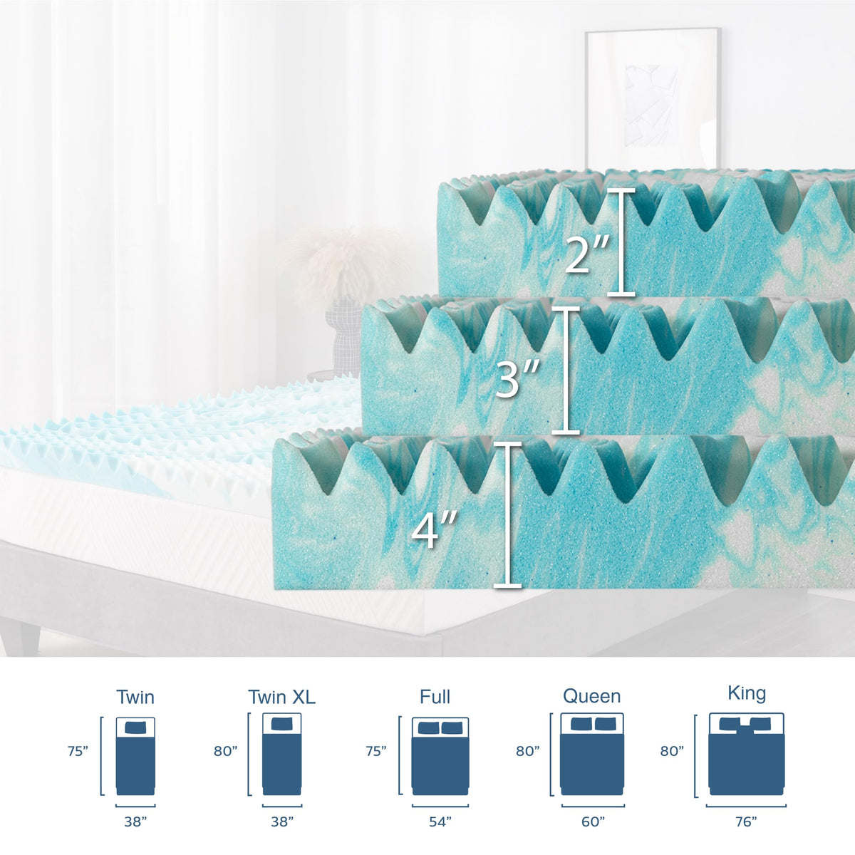 3 Inch 5-Zone Full Memory Foam Mattress Topper, Cooling Gel Infused Foam Mattress Topper for Pressure Relief, CertiPUR-US Certified Full Bed Topper,Blue, 54"×75"