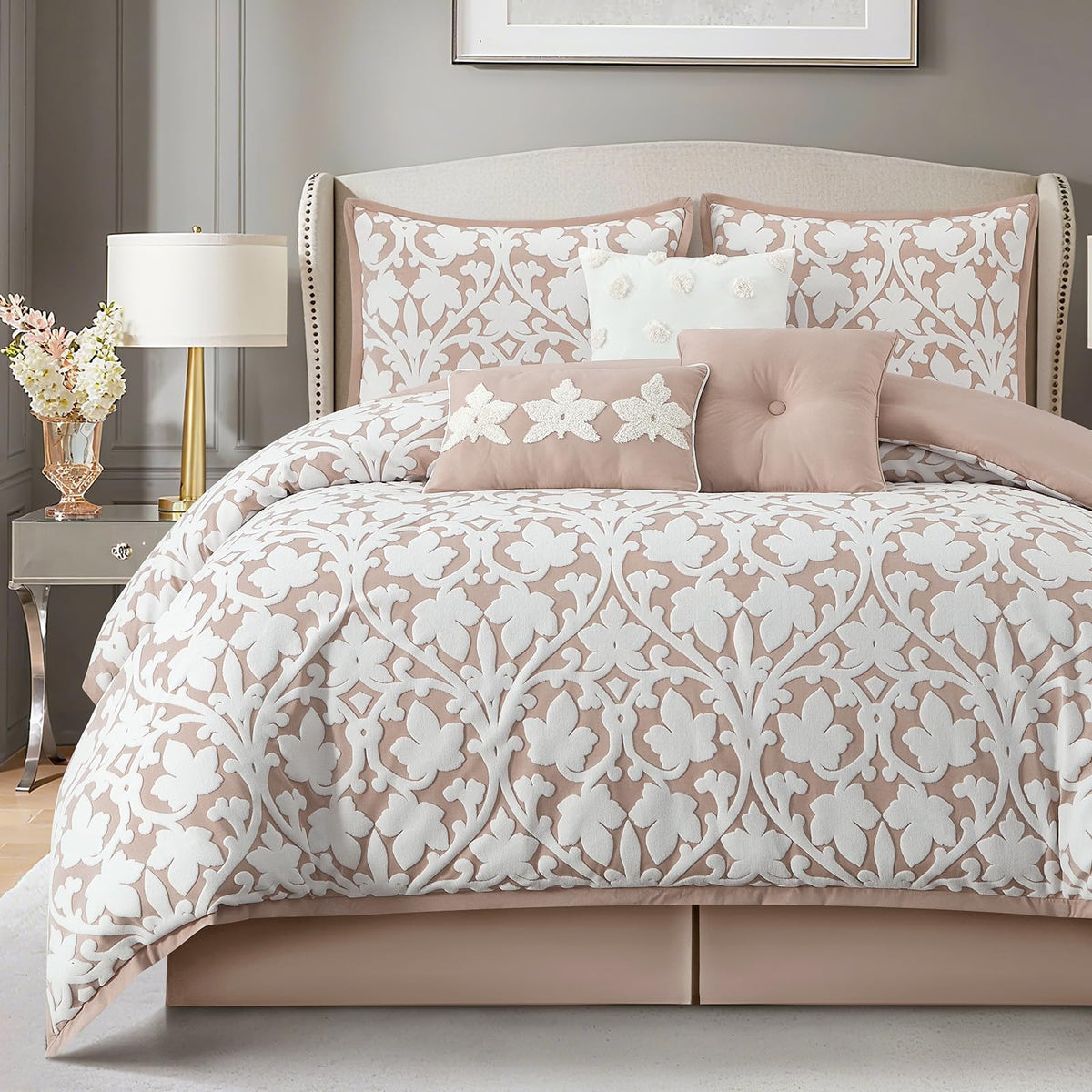LANCO MODERN LIFESTYLE 7 Pieces Comforter Set, King, Blush, Jacquard Floral Pattern and Classy Damask Medallion Design, Ultra Soft, Includes Bed Skirt, Shams, and Decorative Pillows