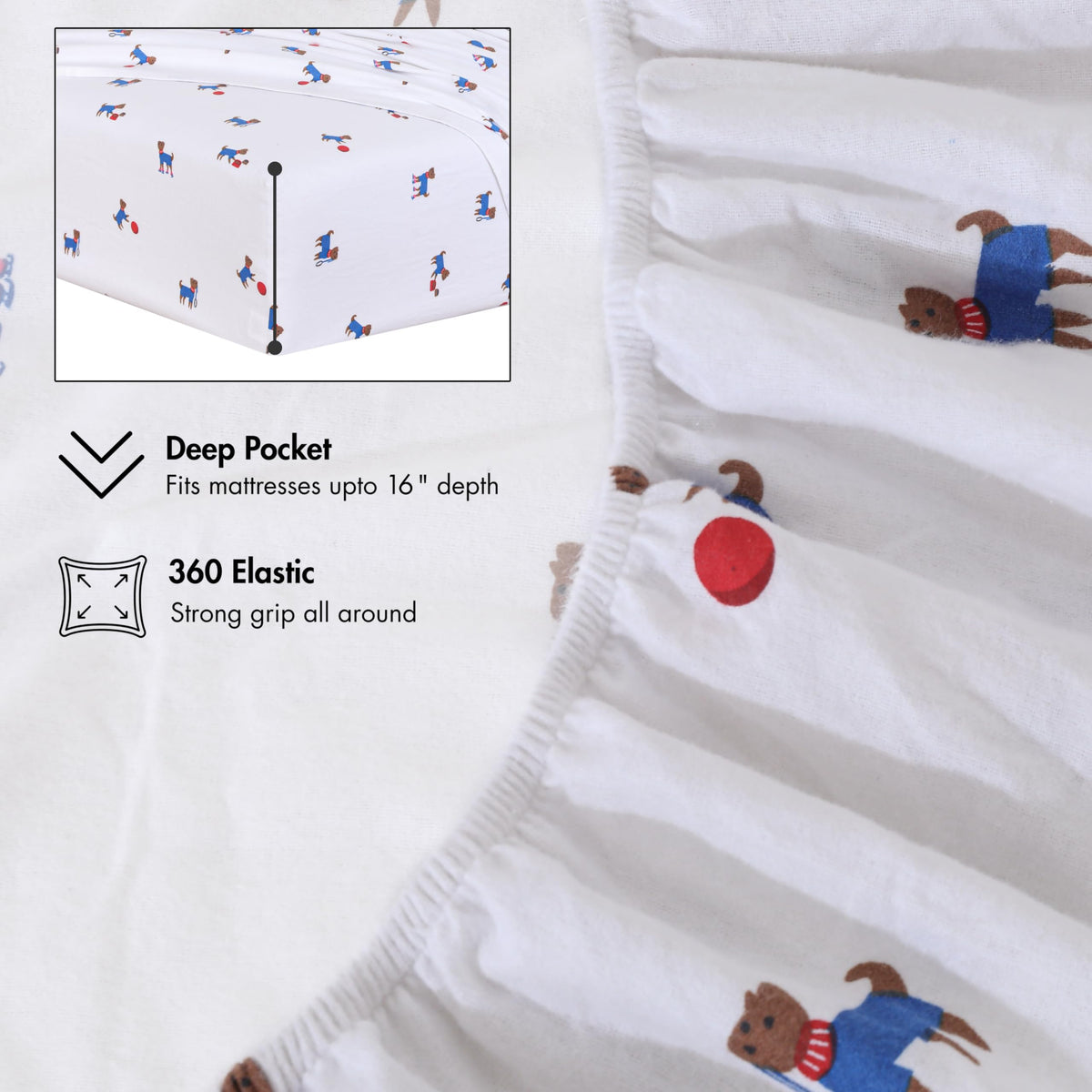 RUVANTI Flannel Sheets Queen Size - 100% Cotton Double Brushed Bed Sheets, Deep Pockets 16 Inches Queen Sheet Set, All Seasons Breathable & Extra Soft - Warm & Cozy, 4 Piece, Puppy Playoff