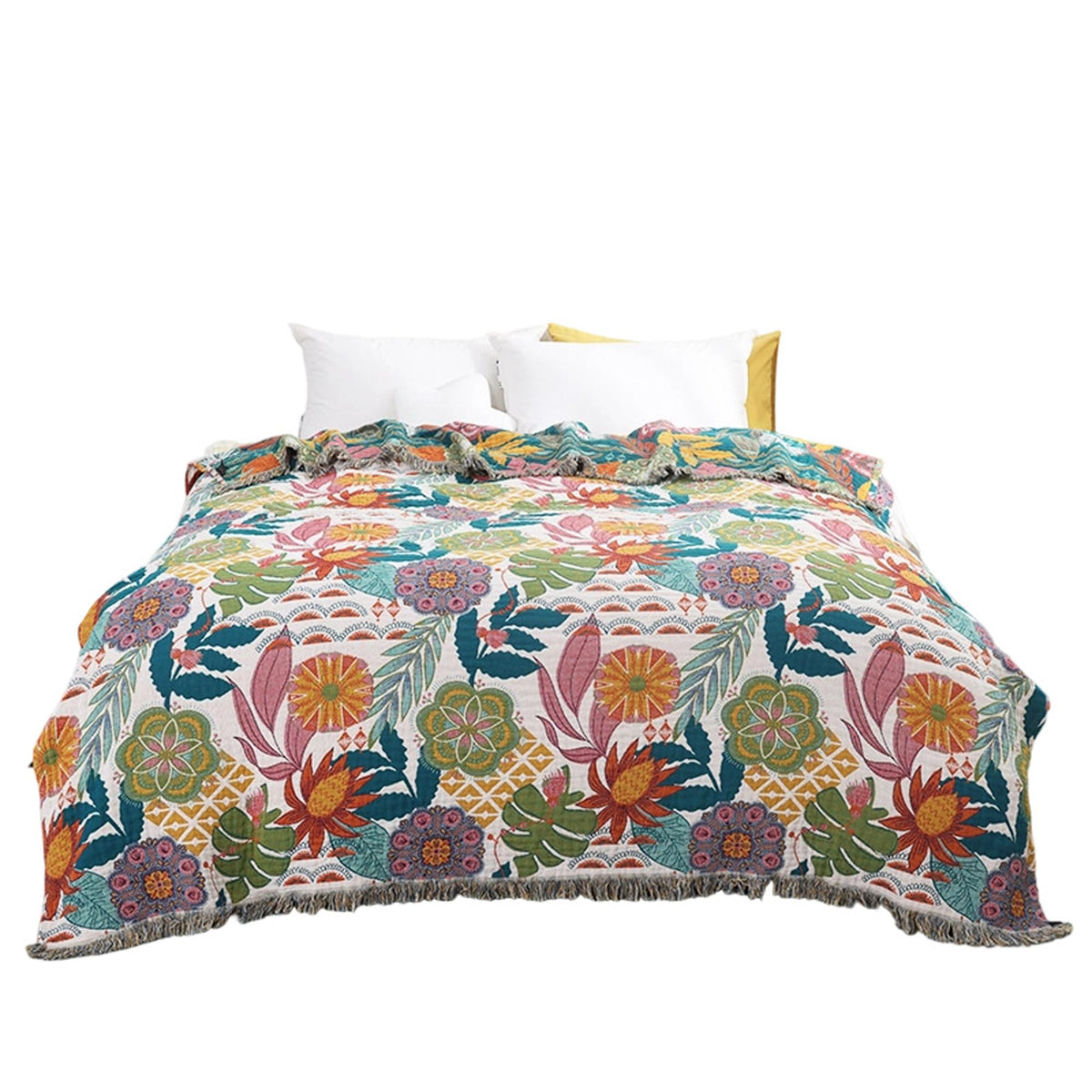BRYALIX 100% Cotton Floral Throw Blanket, Muslin Lightweight Super Soft Quilt, All Season Decorative Reversible Jacquard Bedding with Fringe, Boho Tropical Floral Farmhouse Blanket, 60"x80"