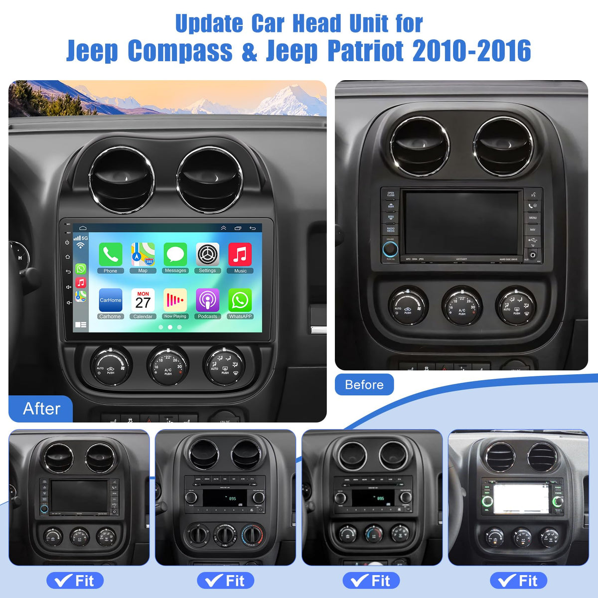[4+64G] Android 13 Car Stereo for Jeep Compass Patriot 2010-2016 Support Wireless Carplay&Android Auto, 10.1 inch IPS Touchscreen Patriot Radio with GPS, WiFi, Bluetooth FM Radio