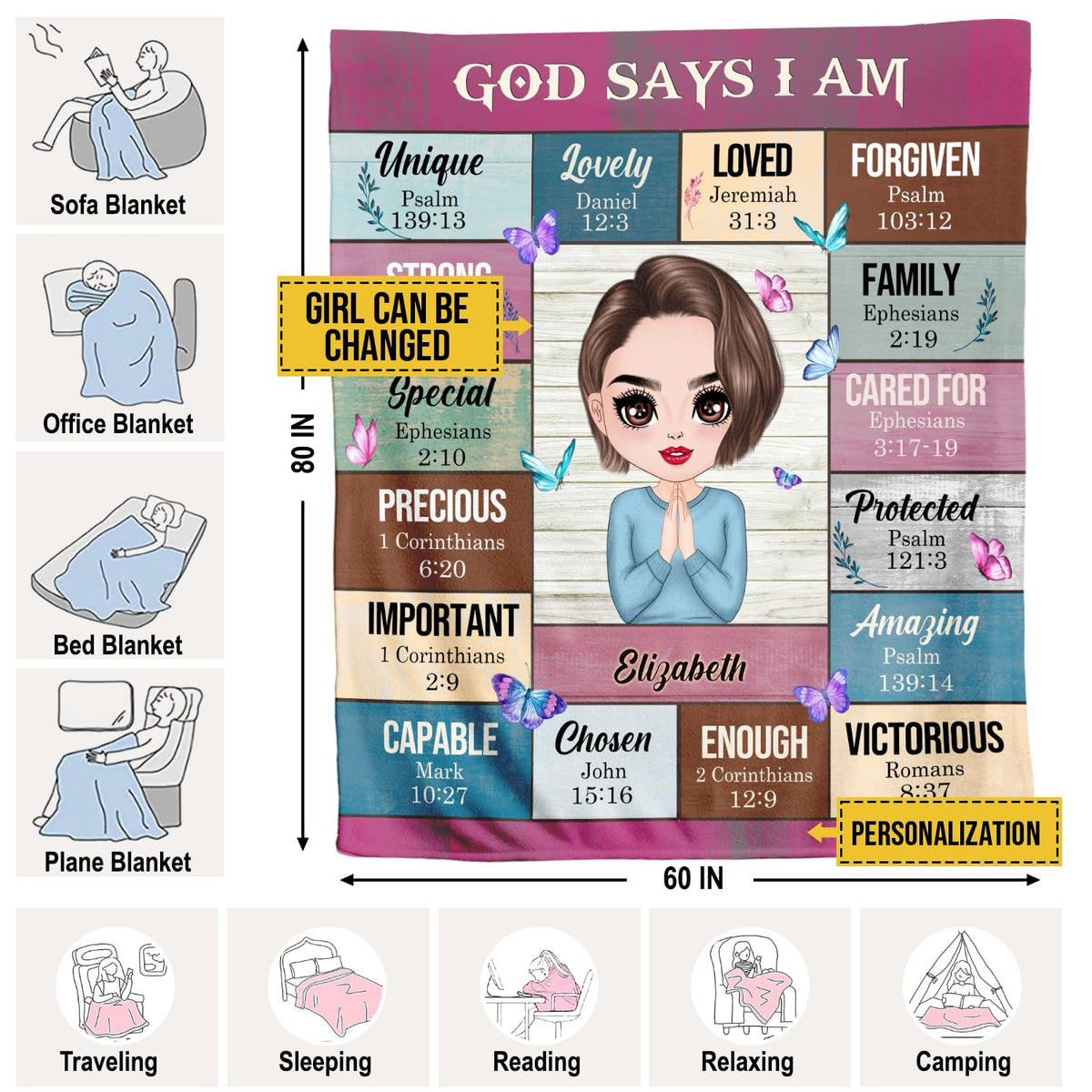 PREAUREUM God Says I Am Blanket, Personalized Christian Throw Blanket,Inspirational Jesus Throw Blankets,Confirmation Catholic Spiritual Blankets for Kids (Chibi God Says I Am - Wooden Board Style)