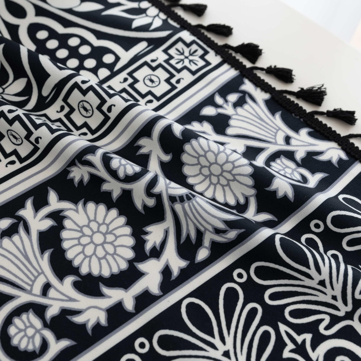 Erbnaryx Black Damask Curtains 72 Inches Long, Boho Farmhouse Light Filtering Rod Pocket Drapes with Tassel Trim for Bedroom Living Room, 2 Panels