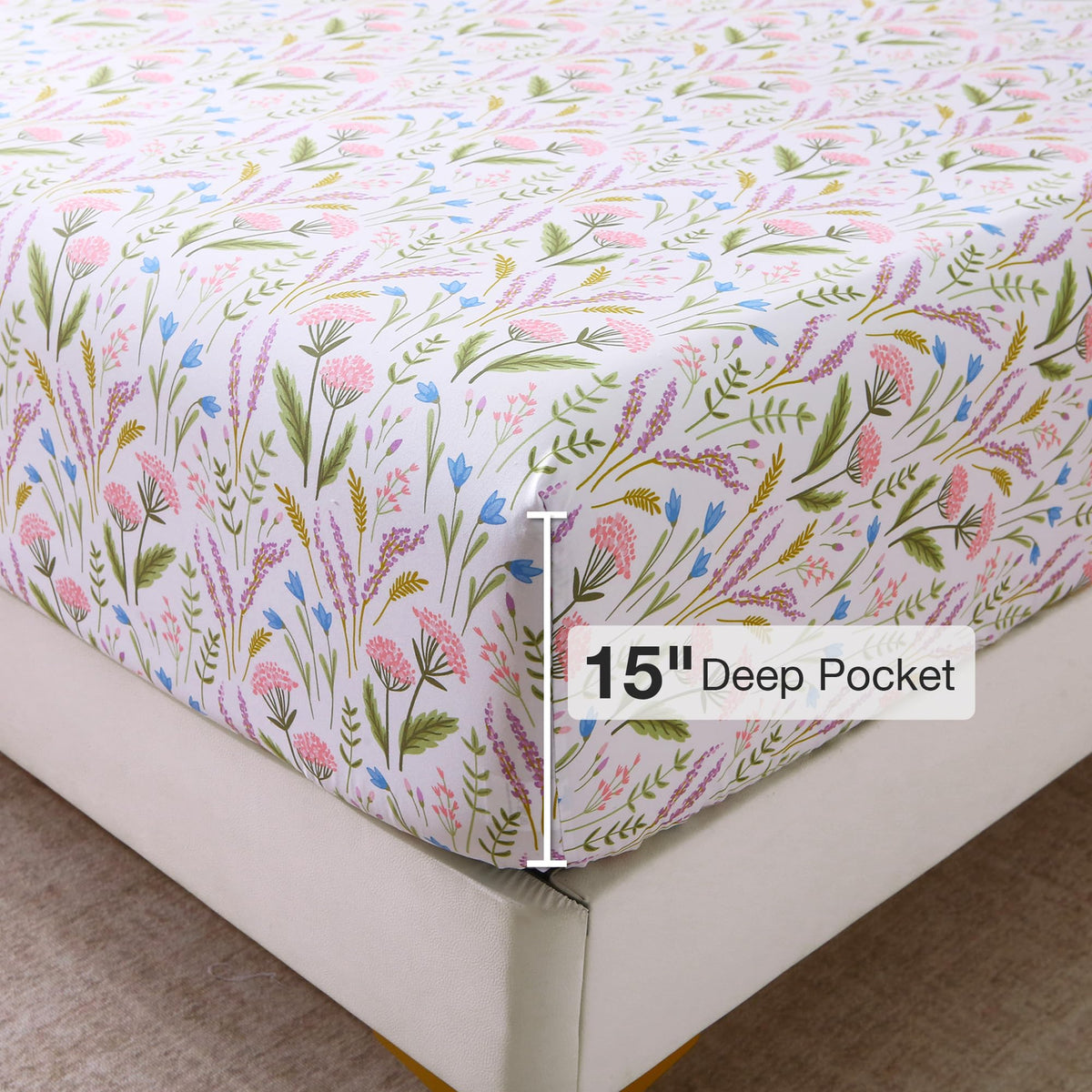 Viviland Floral Full Sheet Set - 4 Piece Lavender & Blue Bell Pink Cluster Botanical Patterned Bed Sheets - Soft, Breathable Microfiber Sheets with Deep Pocket, Non-Slip Fitted Sheets & Pillowcases