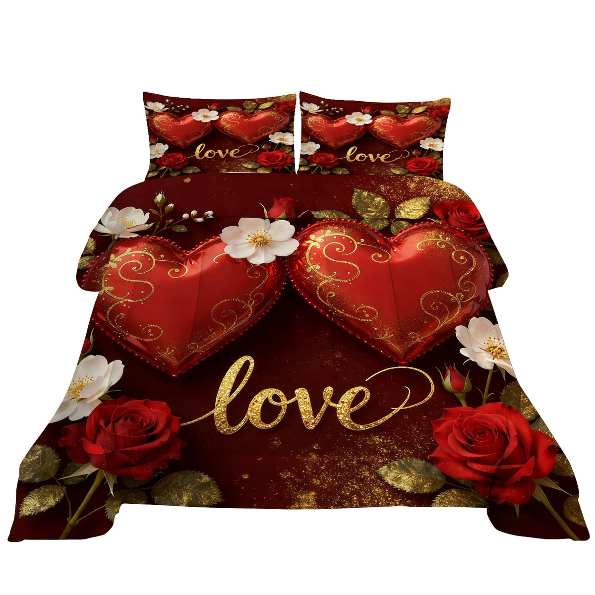 VTKON Love Heart Bedding Set Full Size 3 Piece Romantic Red Rose Comforter Set for Women Golden Glitter Love Bed Sets Valentine's Day Duvet with 1 Comforter 2 Pillow Cases
