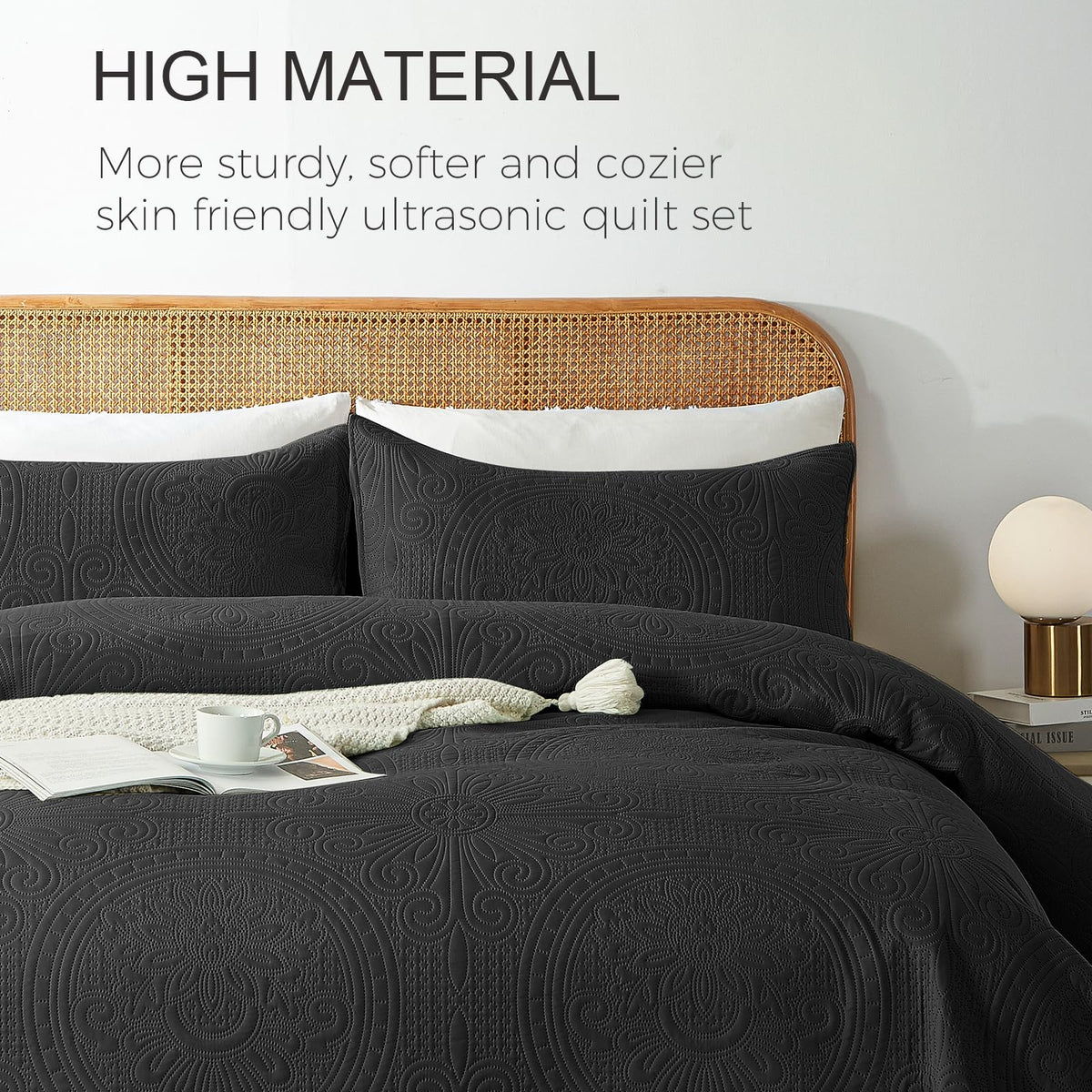 WURUIBO Twin Quilt Set Black,Ultrasonic Embossed Bedspread, Lightweight Microfiber Coverlet, Modern Thin Bedding Set for All Season, 2 Piece(1 Quilt,1 Pillow Shams)