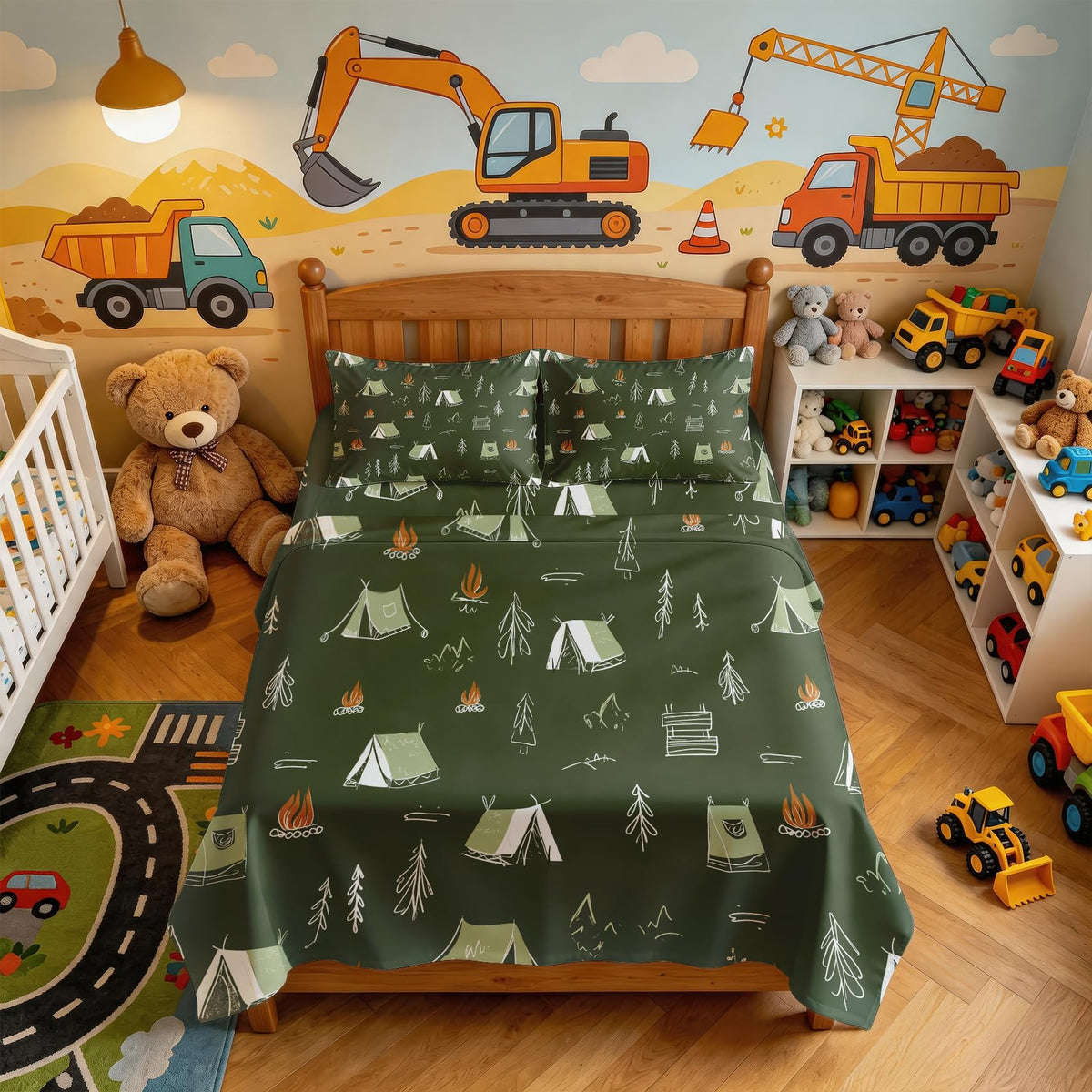 Camping Tent King Sheet Set Kids Flat Fitted Sheet Sets, Green