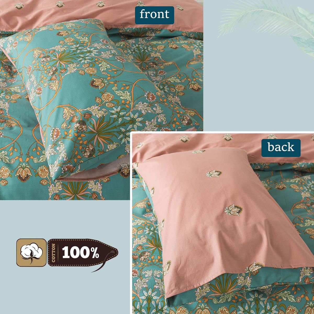 Zusbest Boho Duvet Cover Set Queen Size 100% Cotton Floral Bohemian Comforter Cover Teal Green Printed Reversible Orange Bedding Luxury Crisp Soft French Country Bedding 3Pcs, Queen