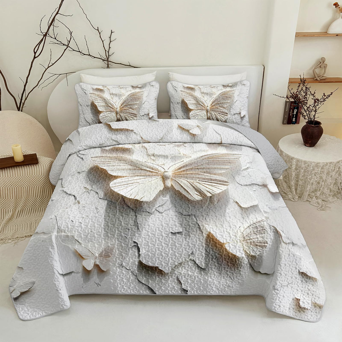 QOOMO Butterfly Print Kids Quilt Set,Cartoon Insects Bedding Set Twin Size,White Room Decoration Soft and Lightweight for All Seasons,1 Quilt Set 2 Pillowcases