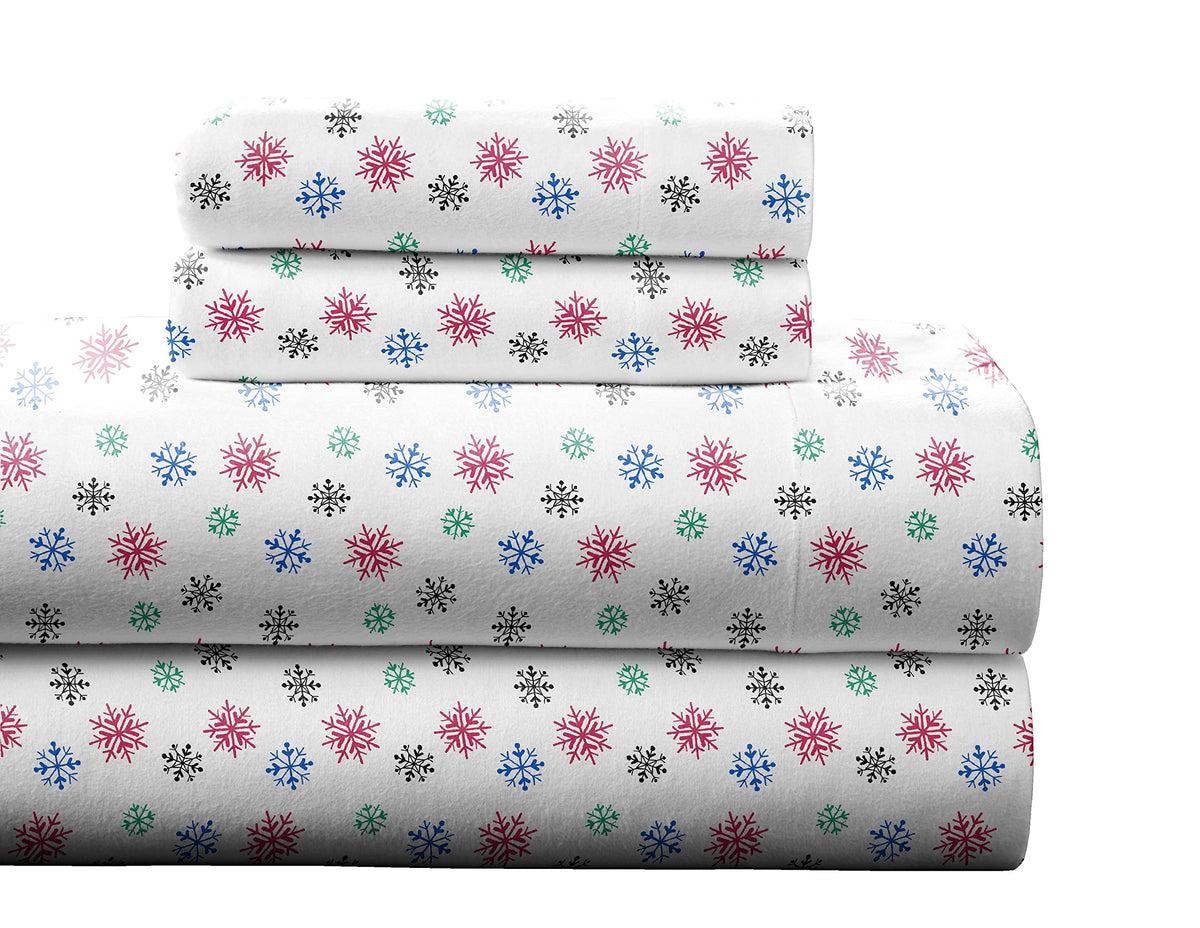 Pointehaven Flannel 170 GSM Sheet Set,Twin Snow Flakes Multi