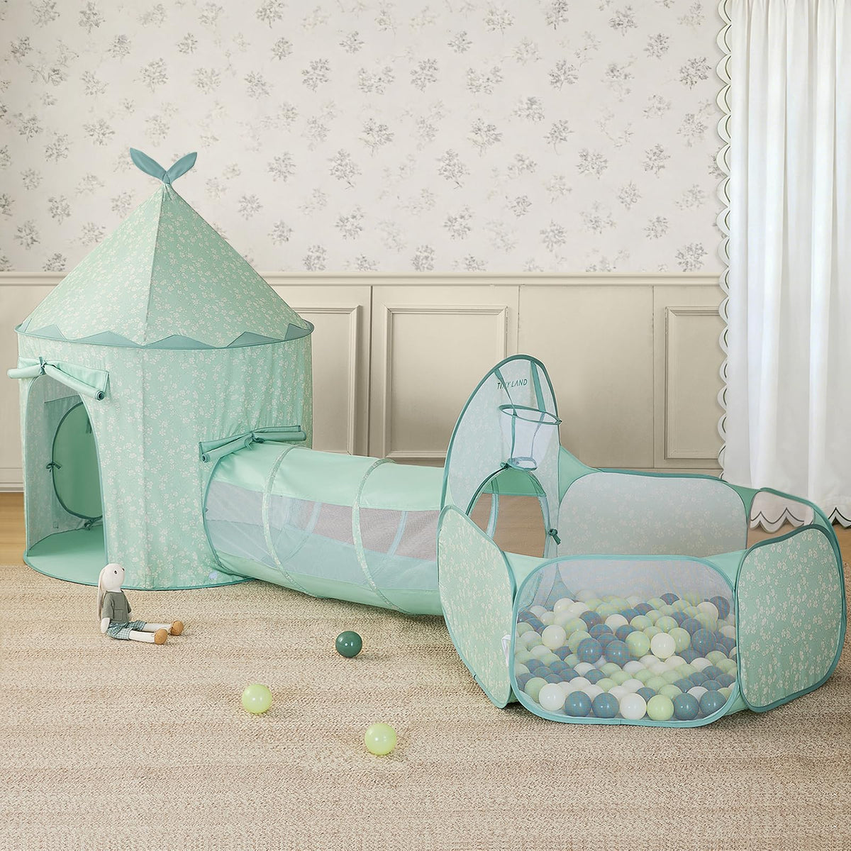 Tiny Land Kids Tent with Mat, Kids Play Tent for Toddlers, 3-in-1 Kids Play Tunnel with Ball Pit & Tent, Pop Up Crawl Tunnel for Toddlers