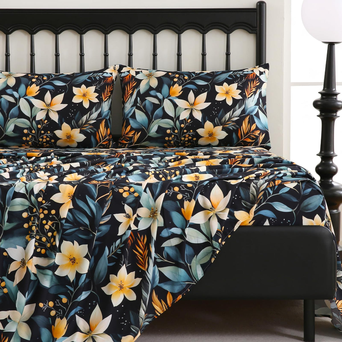 CozySmile 4 Pieces King Sheet Set Floral, Boho Sheets Soft Microfiber Deep Pocket, Floral Sheets (King, Tranquil Night Lily)