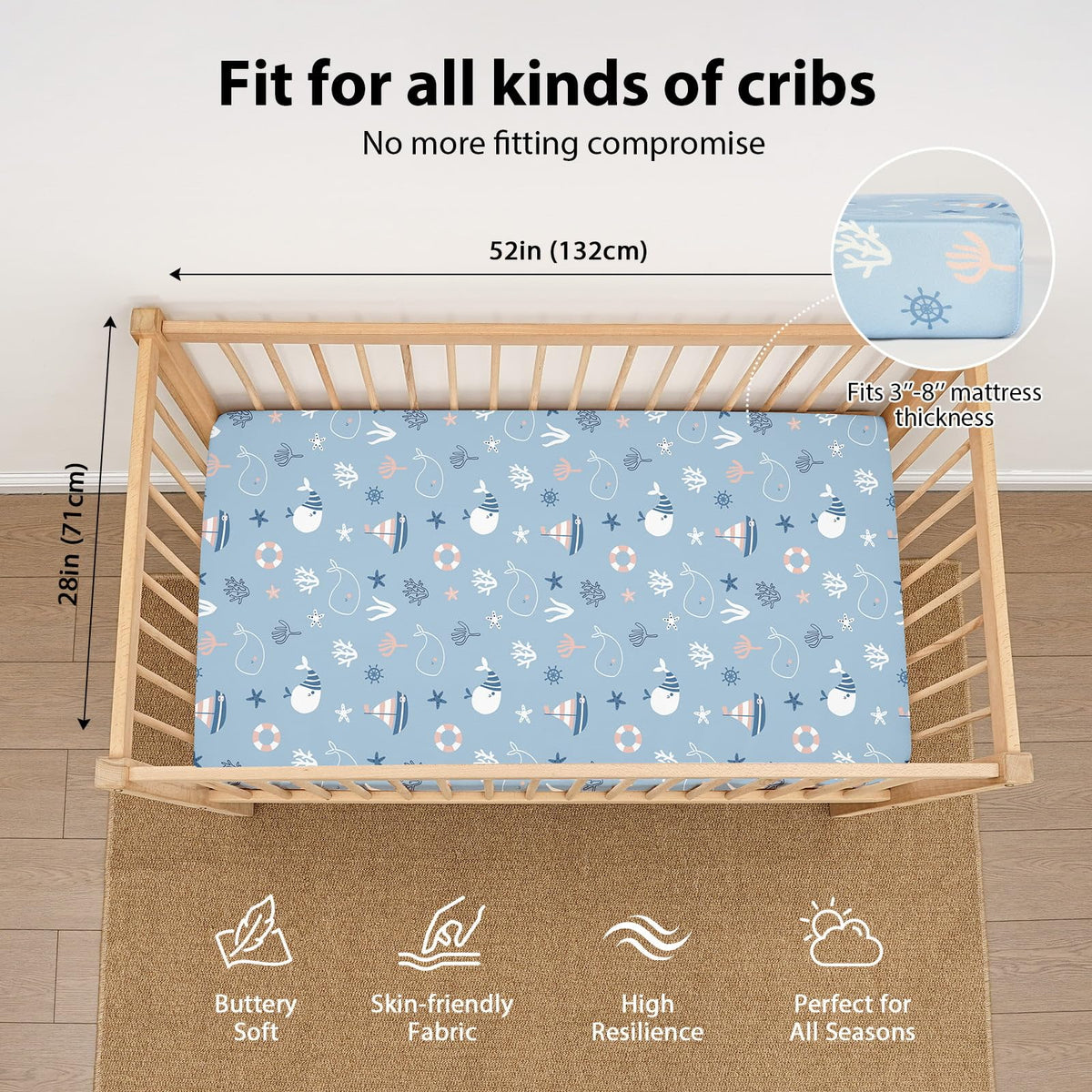 FIEMOL Baby Crib Sheets for Boys and Girls, 3 Pack Toddler Bed Sheets for 52”x28” Standard Toddler Mattresses, Soft Microfiber Fitted Crib Sheets Neutral Blue Ocean Whale