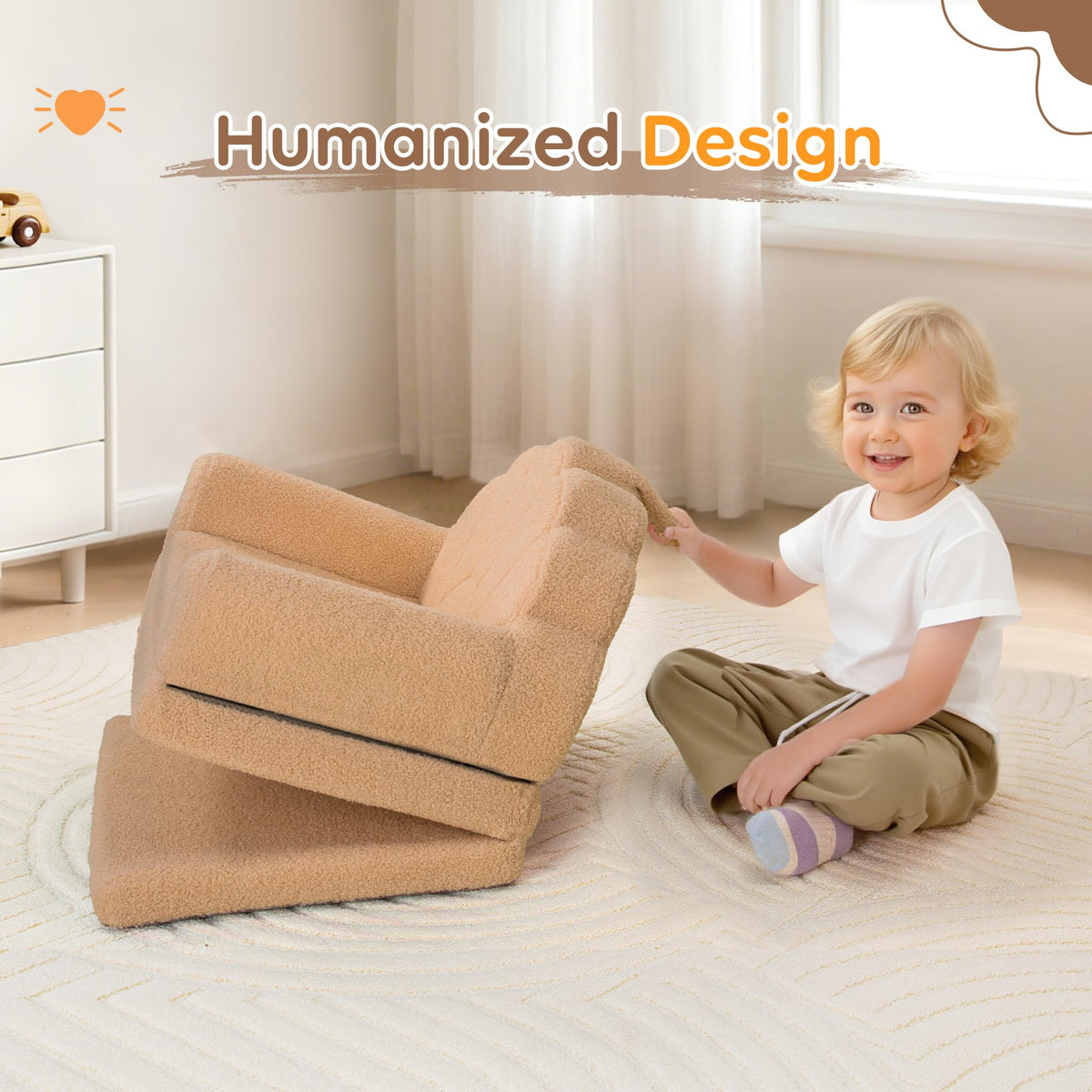 Airpanda Cozy Kids Couch and Chair, Fold Out Foam Sofa, Khaki