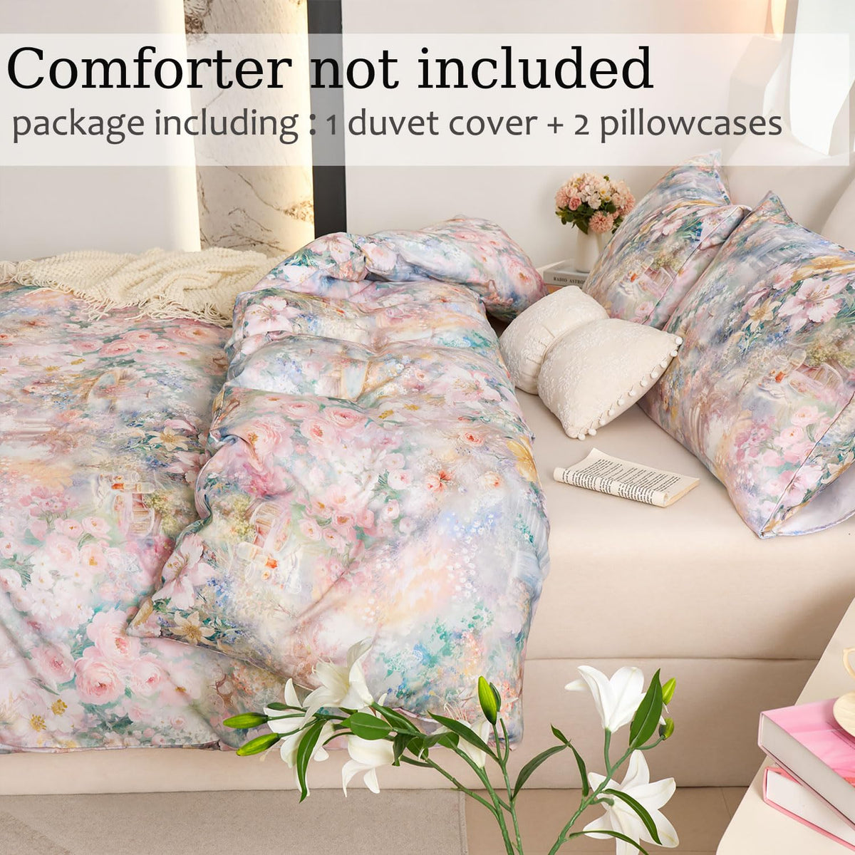 Zusbest Floral Duvet Cover King 100% Cotton, Double Brushed for Extra Soft, Luxury Pink Rose French Country Bedding Shabby-Chic Lily Comforter Cover with Zipper, Soft Breathable, 3Pc-Not Comforter