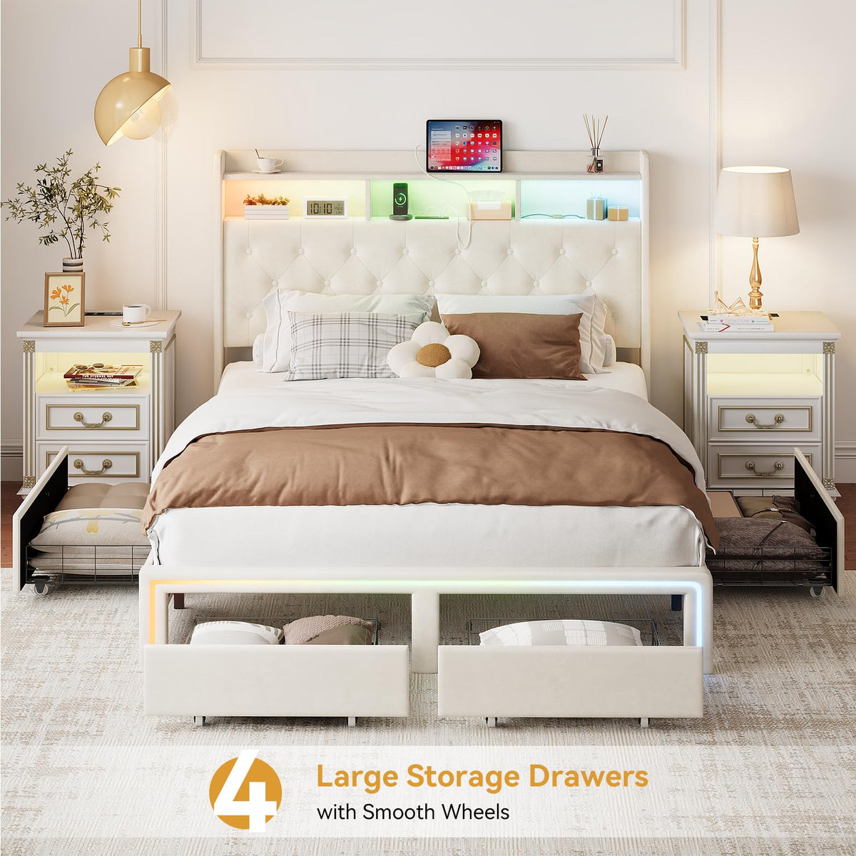 VINTLJUS Full LED Bed Frame with Storage Headboard & Charging Station, Velvet Fabric Platform Bed Frames with 4 Drawers, Button Tufted Upholstered, No Box Spring Needed, Noise Free, Beige