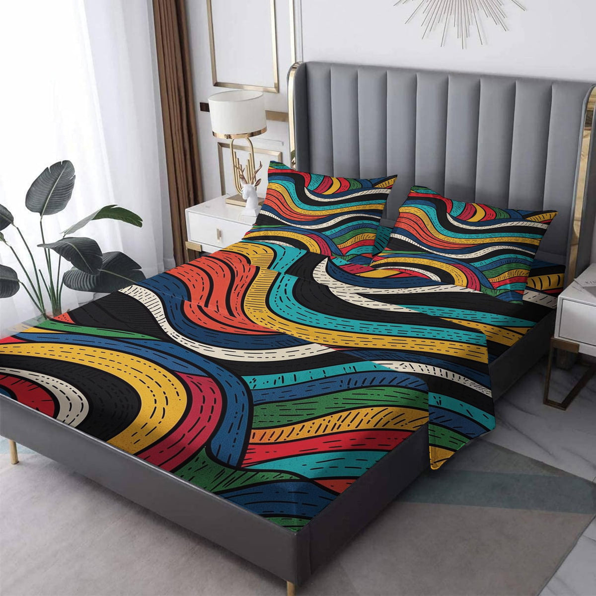 Psychedelic Sheets California King Size, Abstract Colorful Bed Sheets, Patterned Bedding Sheets & Pillowcases 4 Piece Set - Soft Microfiber Deep Pocket Fitted Sheet & Flat Sheet & 2 Pillow Cases