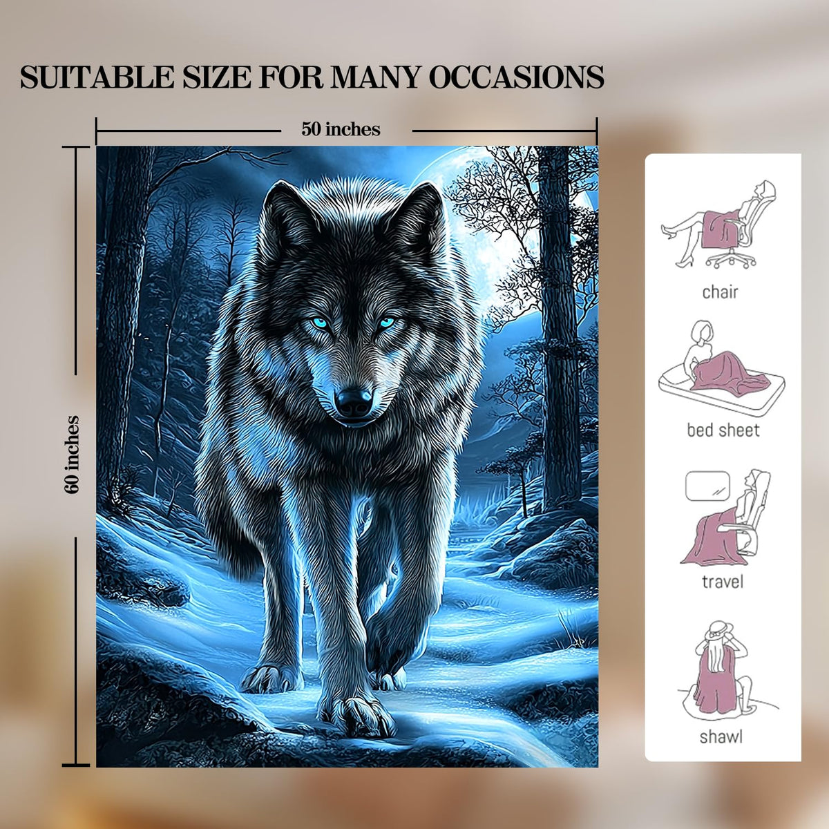 Wolf Blanket Wolf Decor Cozy Animal Throw Super Soft Plush Flannel Fleece Blanket Gift for Kids Adults Men Women Ultra Warm & Lightweight Flannel, 60"X50"