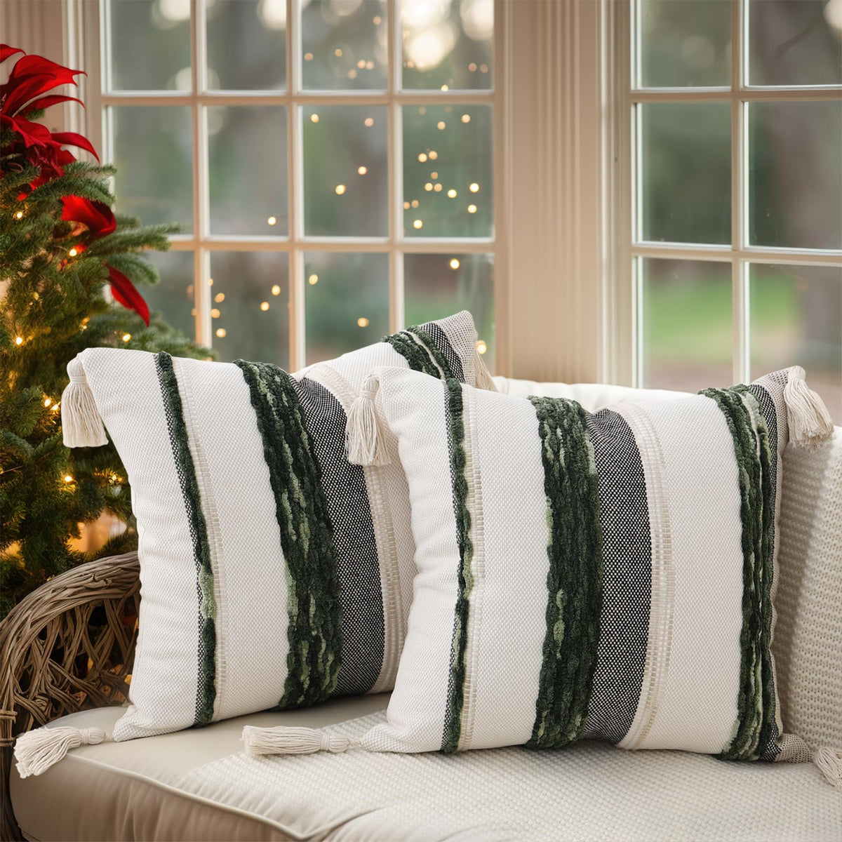 Simmore Boho Decorative Throw Pillow Covers 18x18 Set of 2, Tufted Farmhouse Pillow Covers with Tassels for Cozy Bohemian Couch Sofa Bedroom Home Decor, Green