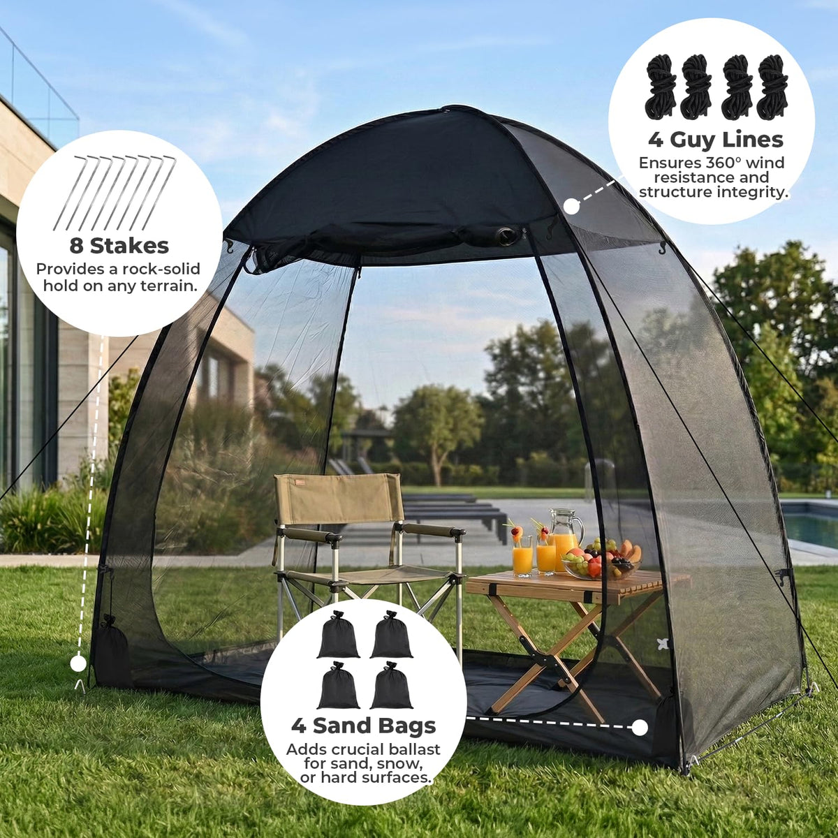 Alvantor® Pop Up Screen House Tent 6x6 FT, Snap-fit Black Mesh Screen Gazebo with Peaked Roof, Portable Screen Room Canopy Shelter with Sunshade & Sandbags for Camping, Backyard, Picnic
