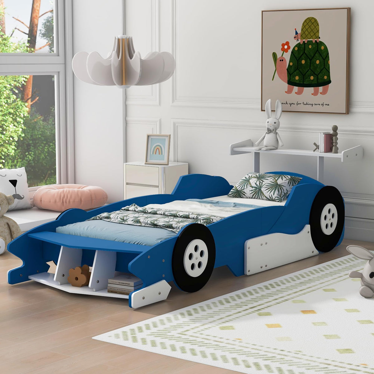 Merax Race Car Bed Frame Twin Size for Boys, Wood Car-Shaped Platform Bed with Wheels, Blue