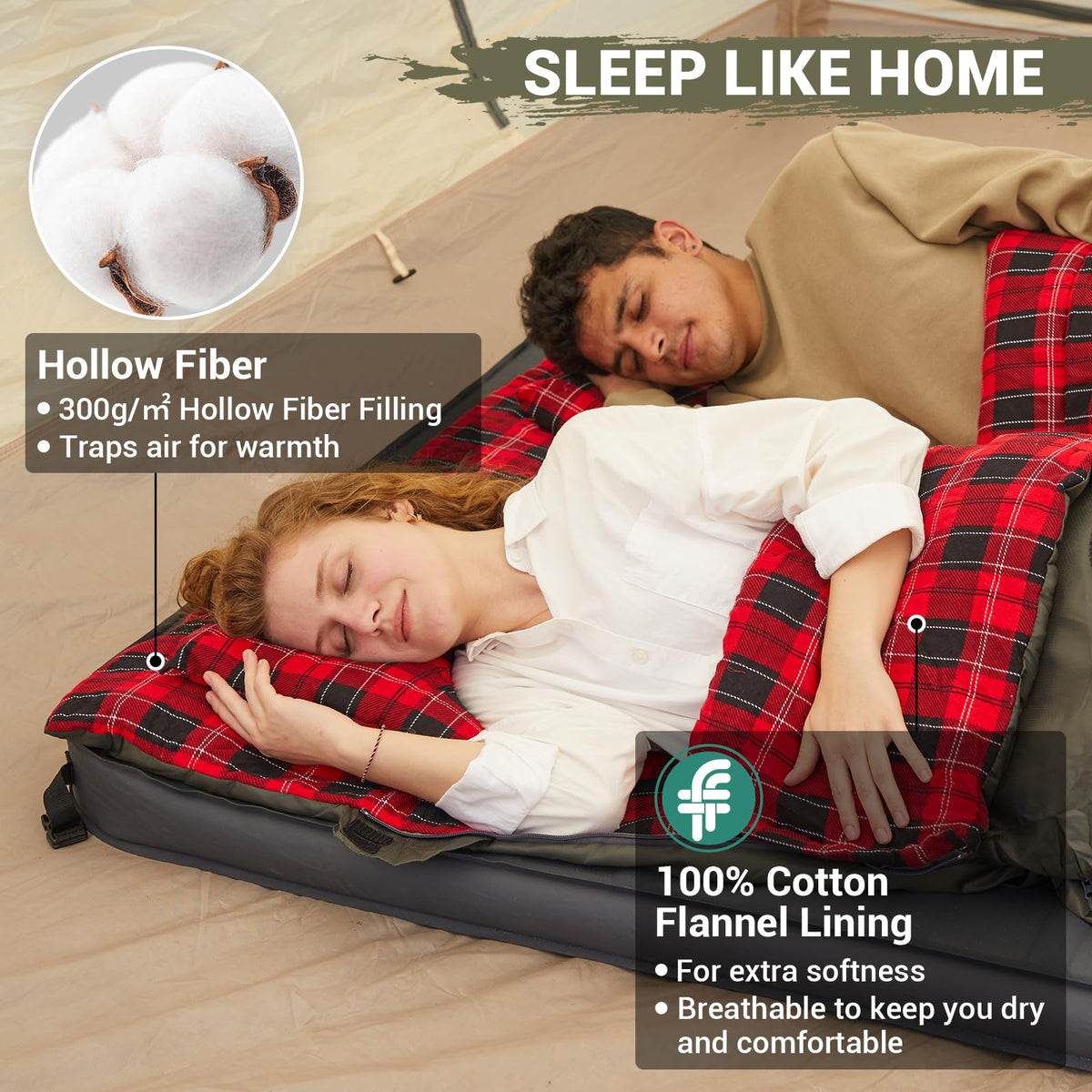 KingCamp Double Sleeping Bag for Adults, Queen Size 2 Person XXL Flannel Sleeping Bag, Waterproof Lightweight Flannel Quilt with 2 Pillows, Perfect for Couples Family Camping Hiking, Green