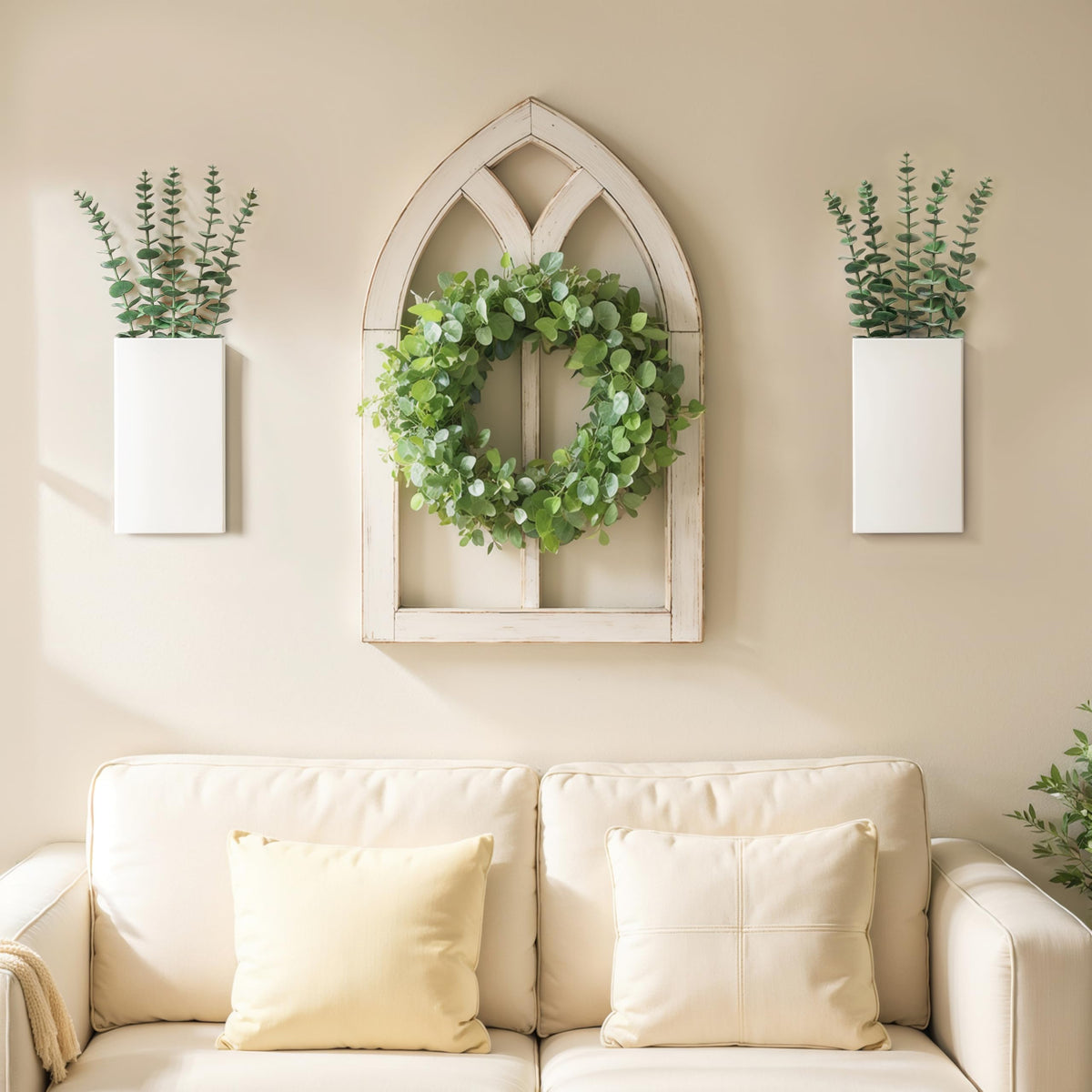 2 Pack Metal Wall Planter Vases Decor with Artificial Eucalyptus, Modern Farmhouse Rustic Hanging Pocket Planters for Indoor Greenery and Flowers, Living Room Bedroom Kitchen Decoration, White